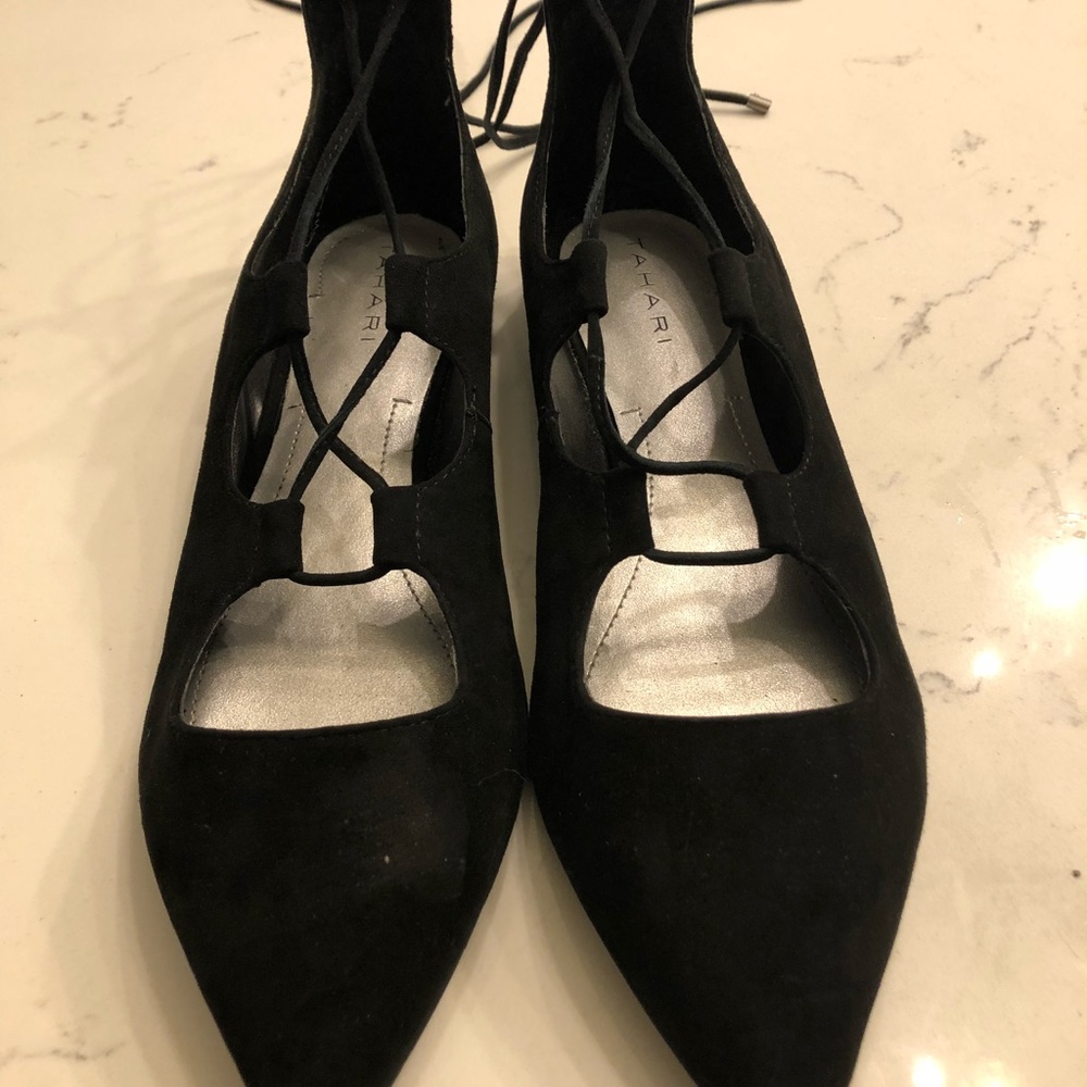 Lace up point toe faux suede and silver flats
